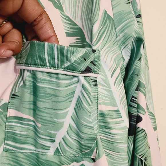 EQOUAER | Women's Pink and Green Tropical Leaf Print Pajama Top (Size Small) - Picture 5 of 12
